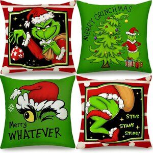 Set of 4 |  Grinch Decor Farmhouse Christmas Throw Pillow Covers  | 18x18Inches